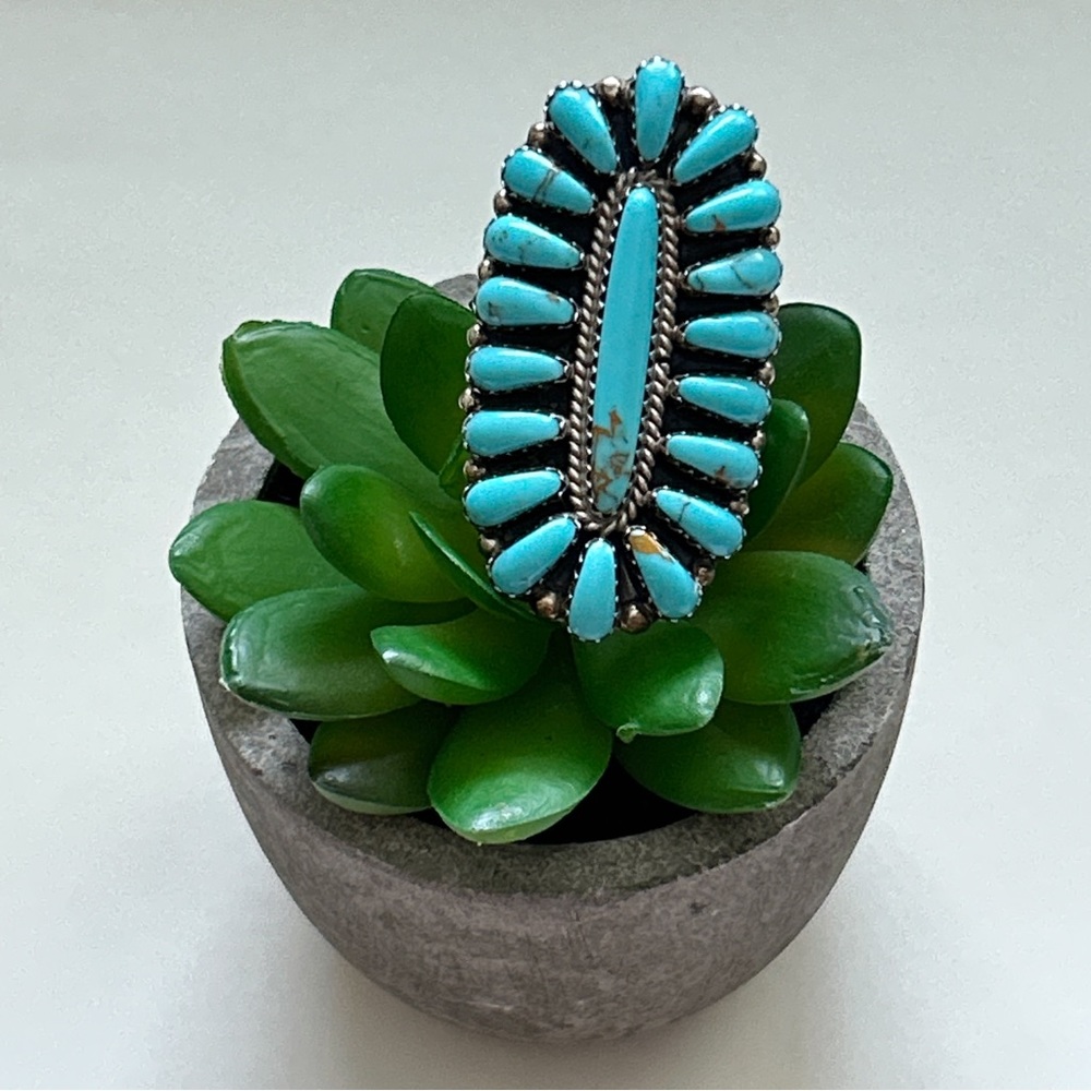 Vintage Dean Brown Navajo Turquoise Cluster Sterling Silver Ring - Picture 10 of 13